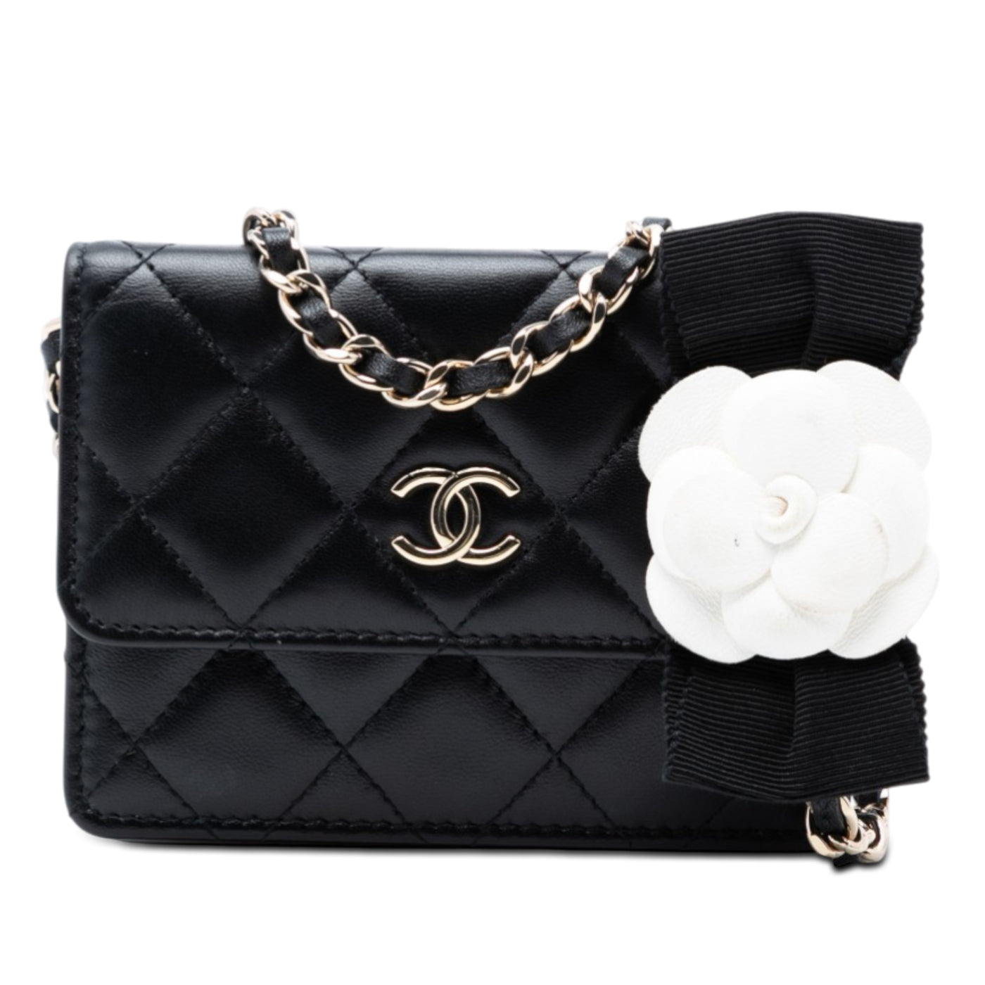 Quilted Lambskin Camellia Bow Card Holder On Chain - Image 1