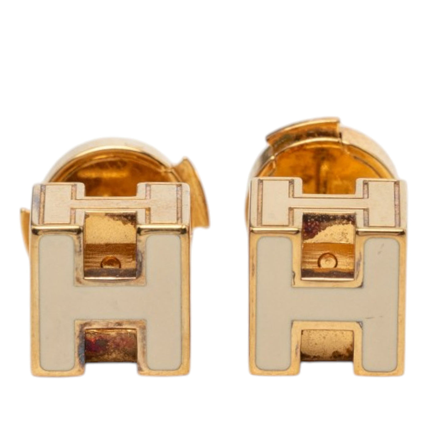 Gold Plated Enamel Cage dH Cube Earrings - Image 1