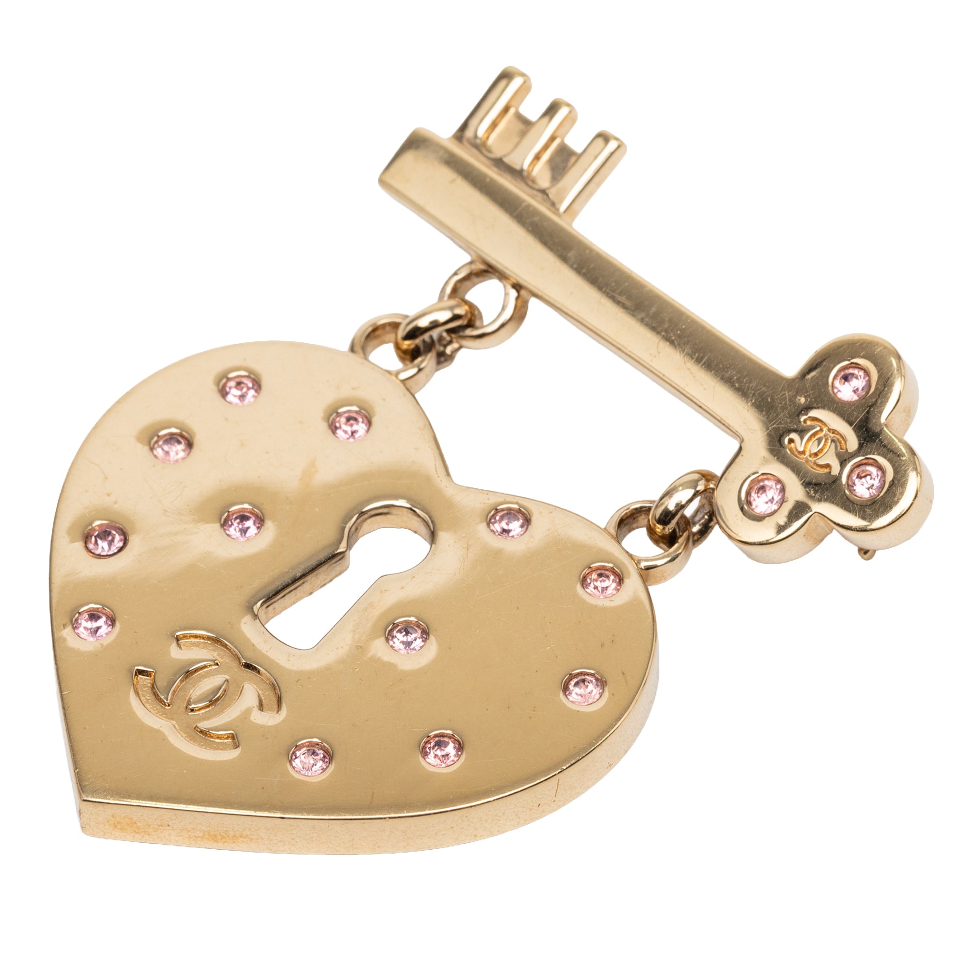 CC Gold Plated Strass Heart Lock and Key Brooch - Image 1