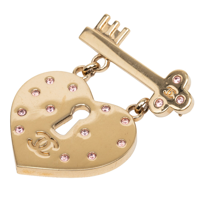 CC Gold Plated Strass Heart Lock and Key Brooch