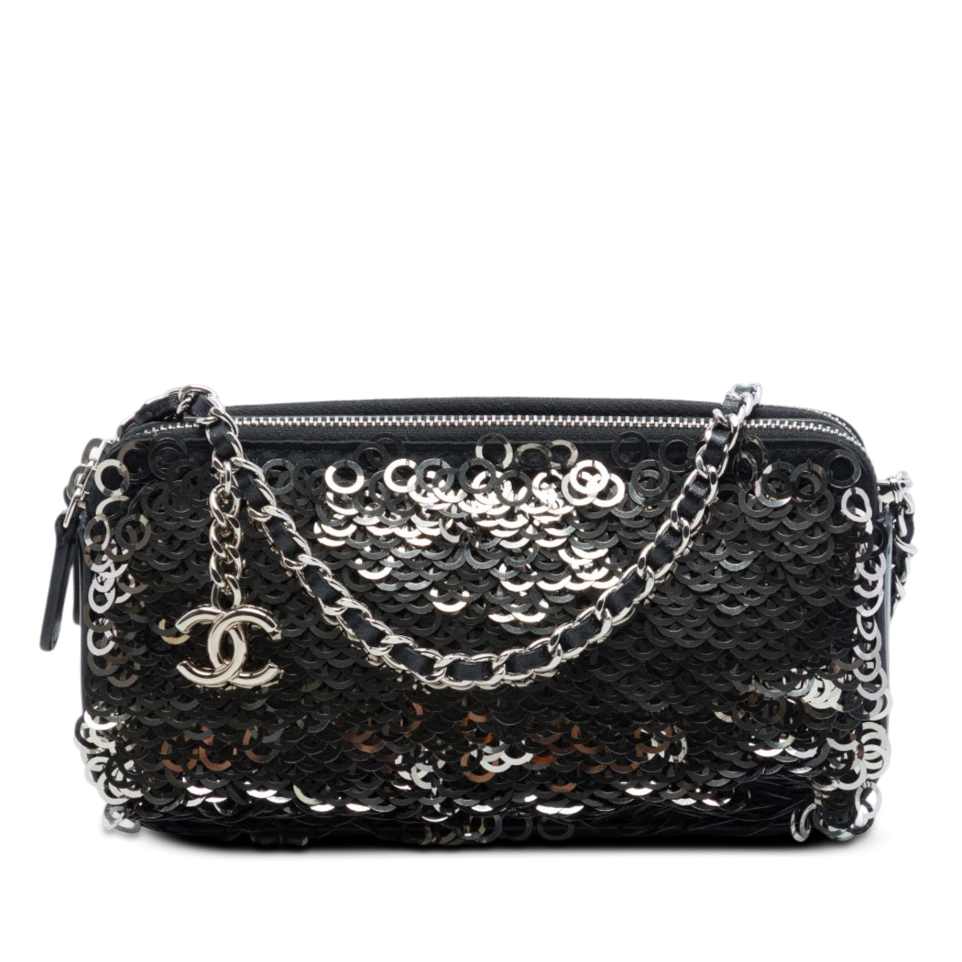 CC Calfskin and Sequin Double Zip Wallet on Chain - Image 1