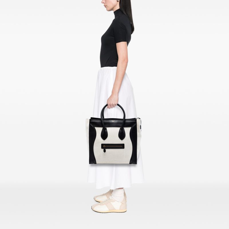 Mini Bicolor Canvas and Leather Luggage Tote - Image 7