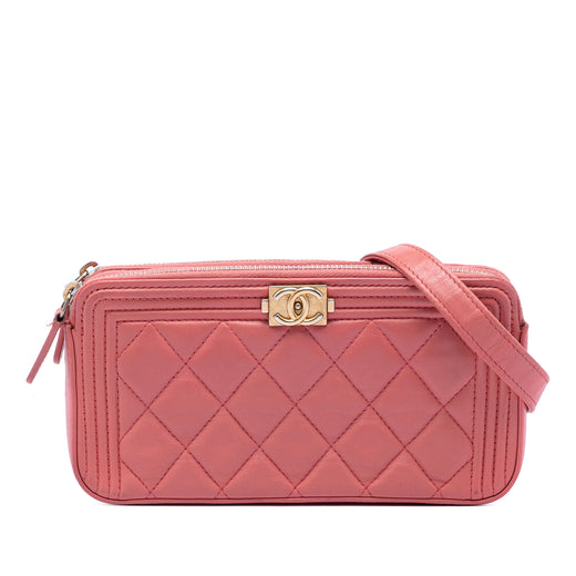 Quilted Caviar Boy Double Zip Clutch With Chain - Image 1