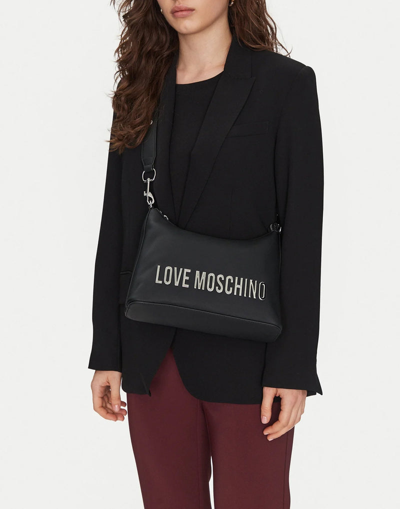 Moschino Logo Plaque Shoulder Bag — Black Polyurethane