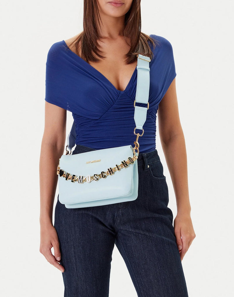 Moschino Chain Link Logo Leather Shoulder Bag — Blue