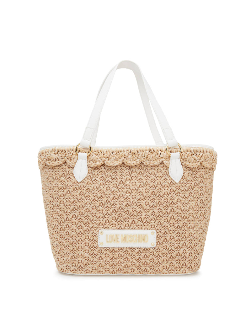 Moschino Logo Tag Rafia Tote Bag — Beige