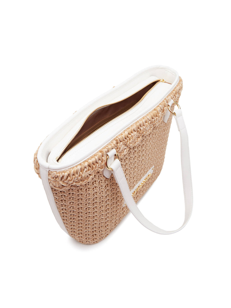 Moschino Logo Tag Rafia Tote Bag — Beige
