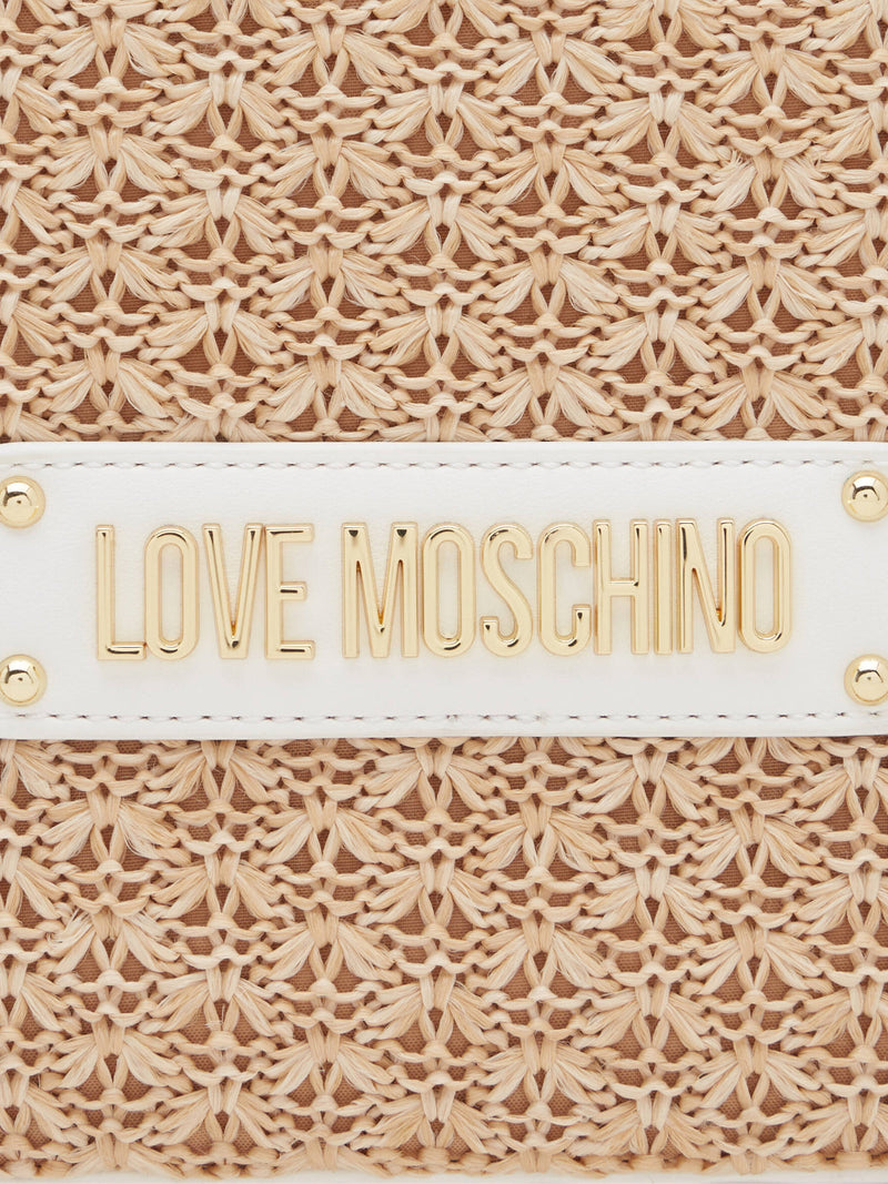 Moschino Logo Tag Rafia Tote Bag — Beige