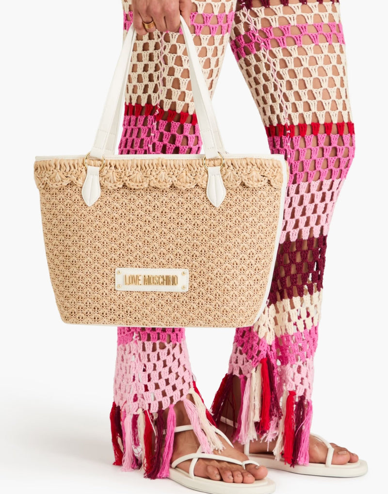 Moschino Logo Tag Rafia Tote Bag — Beige