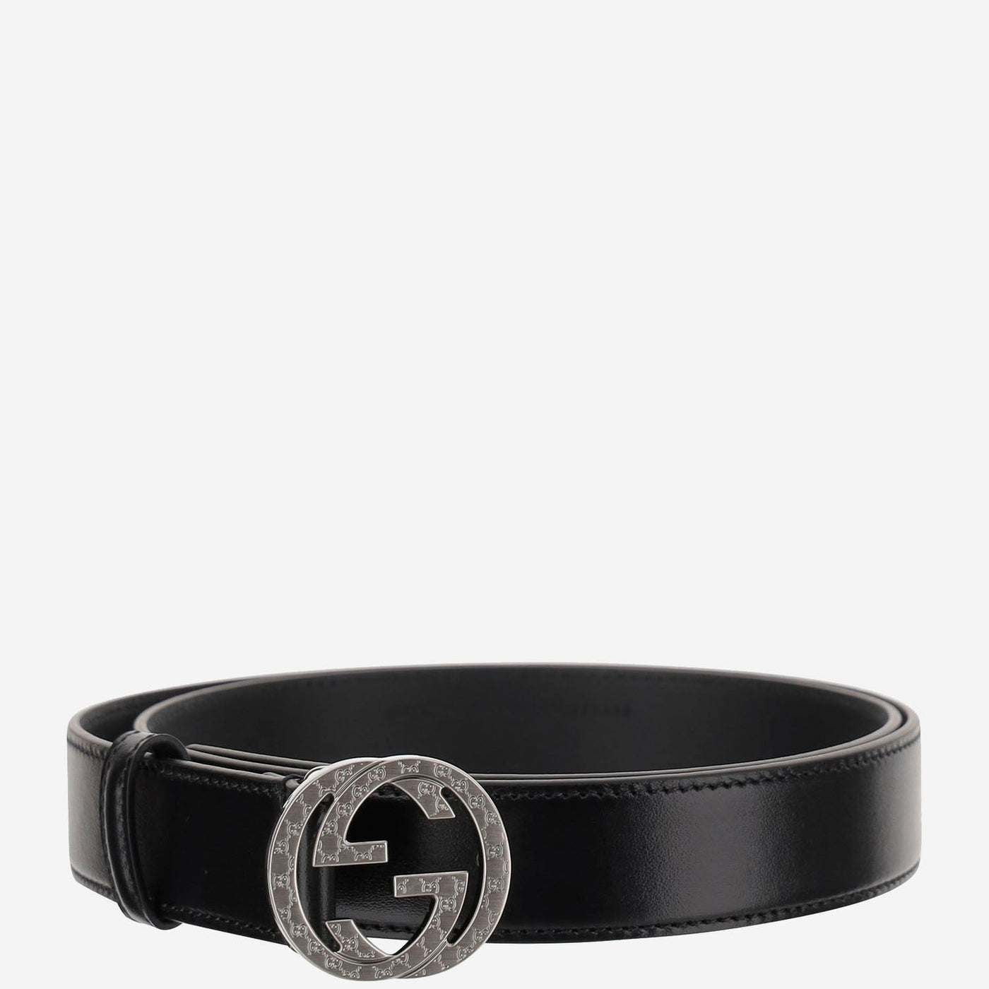 Gucci Gg Engraved Logo Buckle Belt — Black Leather