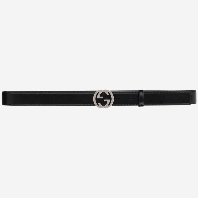 Gucci Gg Engraved Logo Buckle Belt — Black Leather
