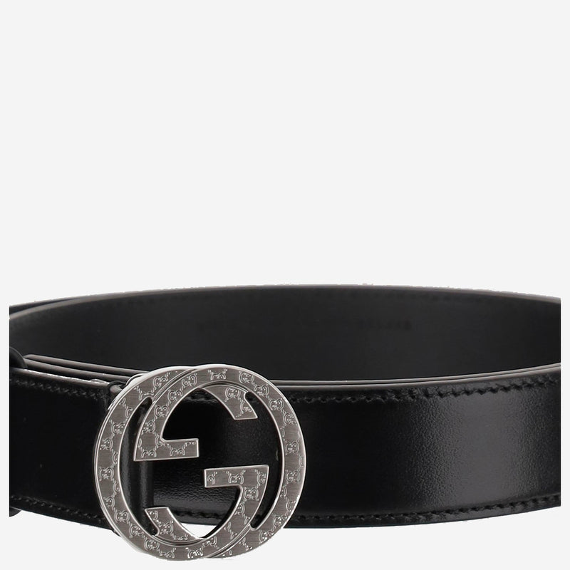 Gucci Gg Engraved Logo Buckle Belt — Black Leather