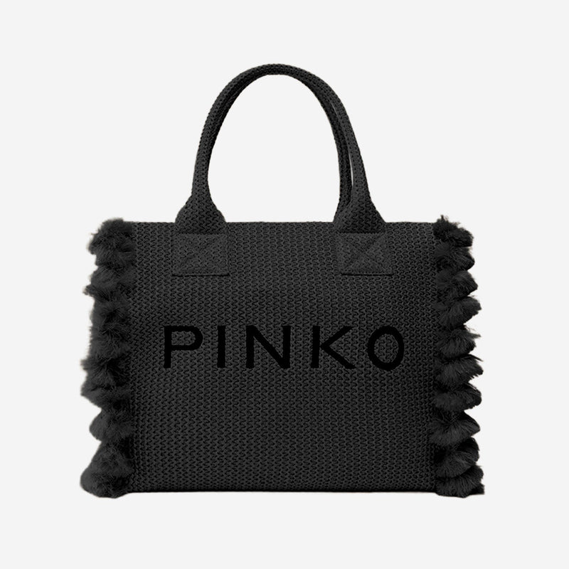 Pinko Raffia With Decorative Tassels Tote Bag — Black Polypropylene