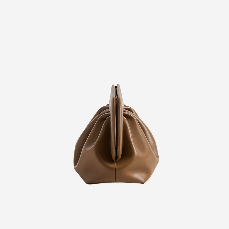Themoirè Vegan Leather Gathered Clutch — Brown