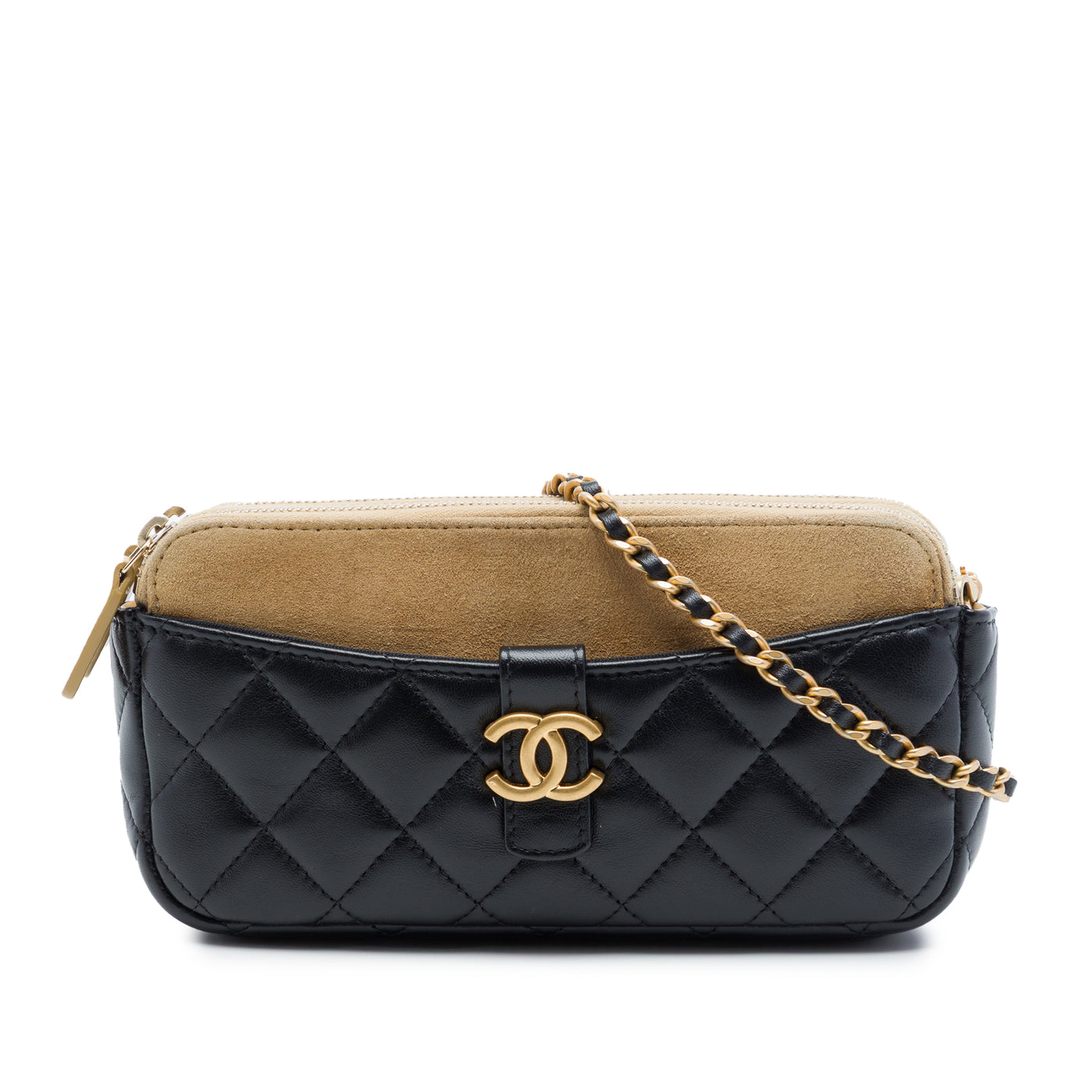 CC Quilted Lambskin and Suede Double Zip Phone Holder With Chain - Image 1