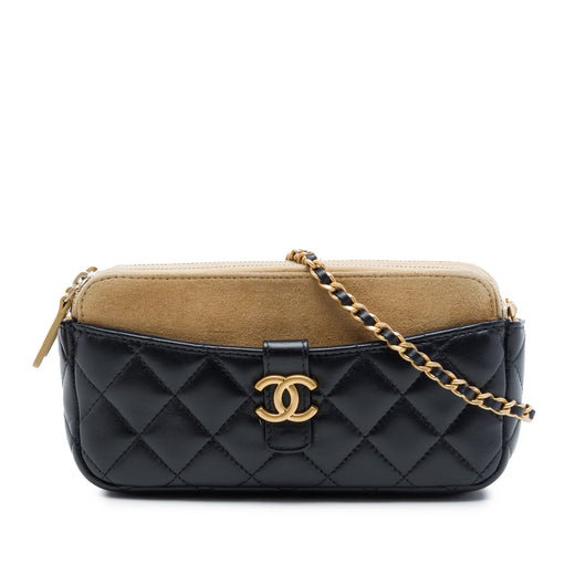 CC Quilted Lambskin and Suede Double Zip Phone Holder With Chain - Image 1