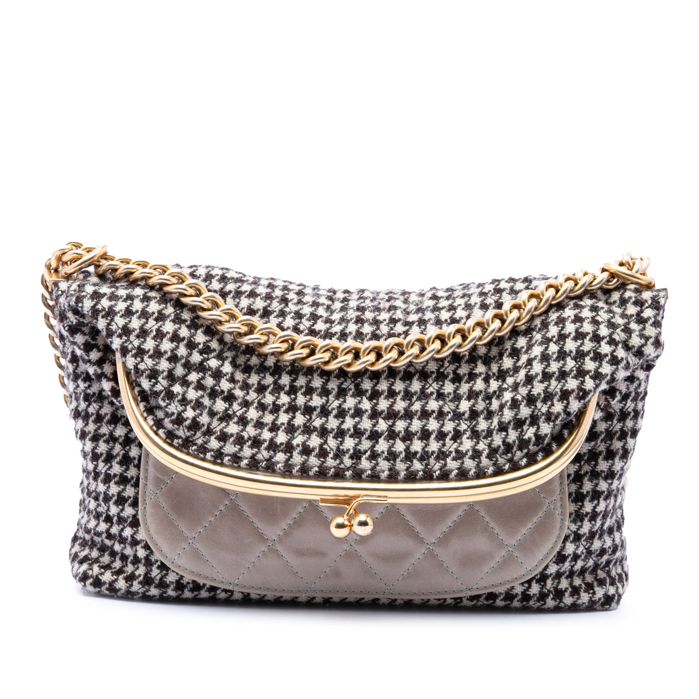 Medium Quilted Houndstooth Tweed and Calfskin Tabatiere Kisslock Fold Over Crossbody - Image 1