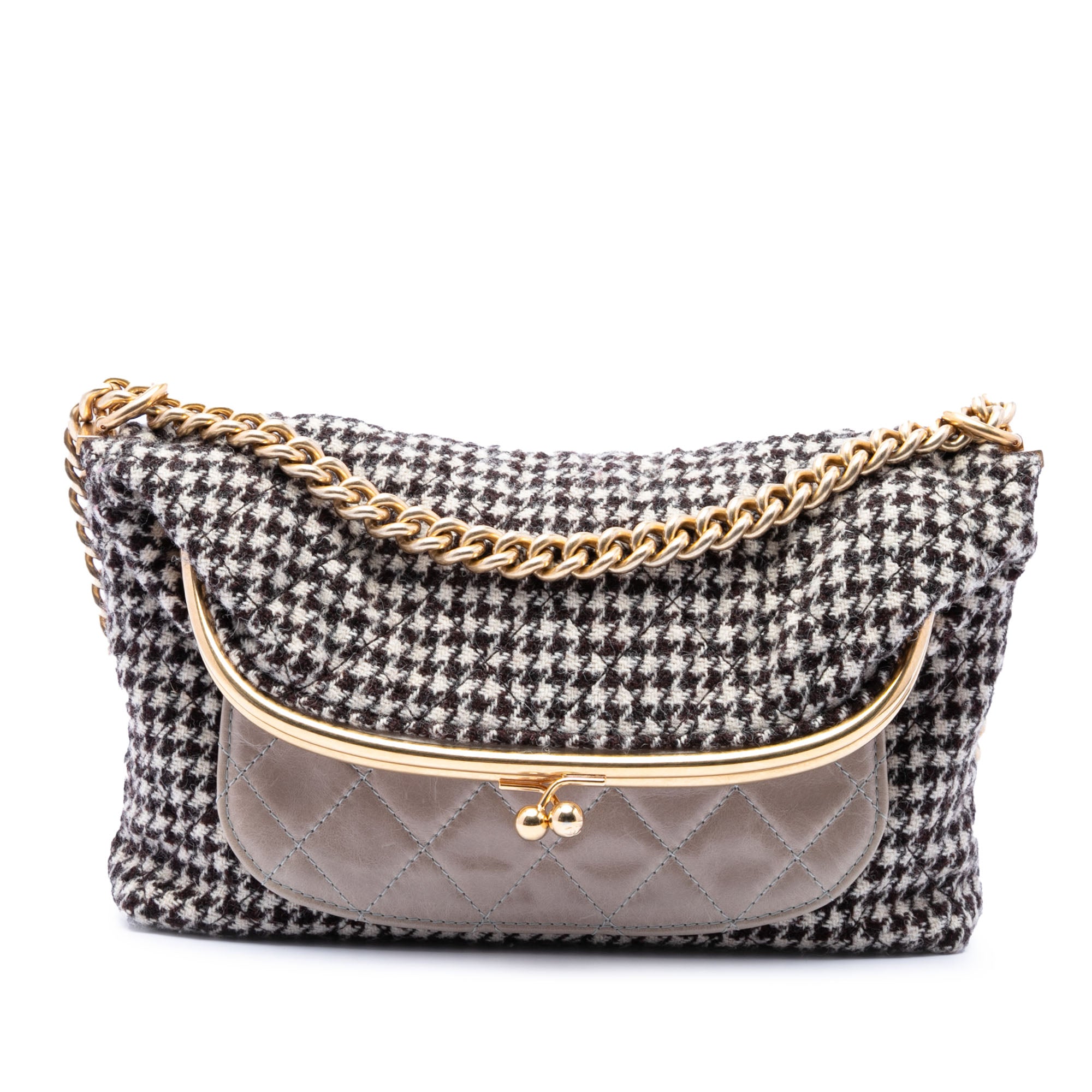 Medium Quilted Houndstooth Tweed and Calfskin Tabatiere Kisslock Fold Over Crossbody - Image 1