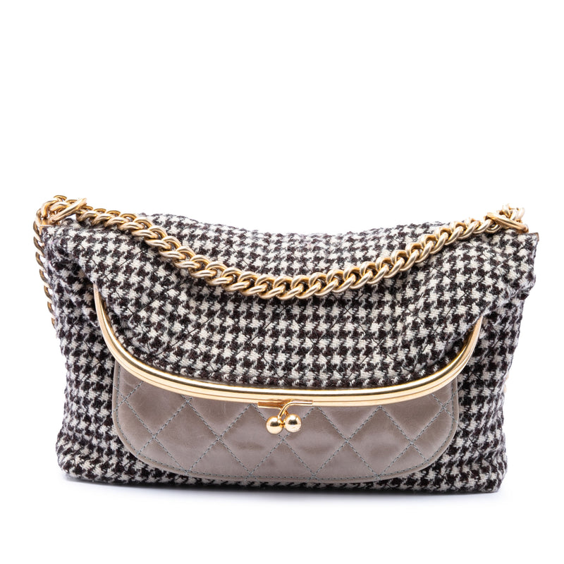 Medium Quilted Houndstooth Tweed and Calfskin Tabatiere Kisslock Fold Over Crossbody