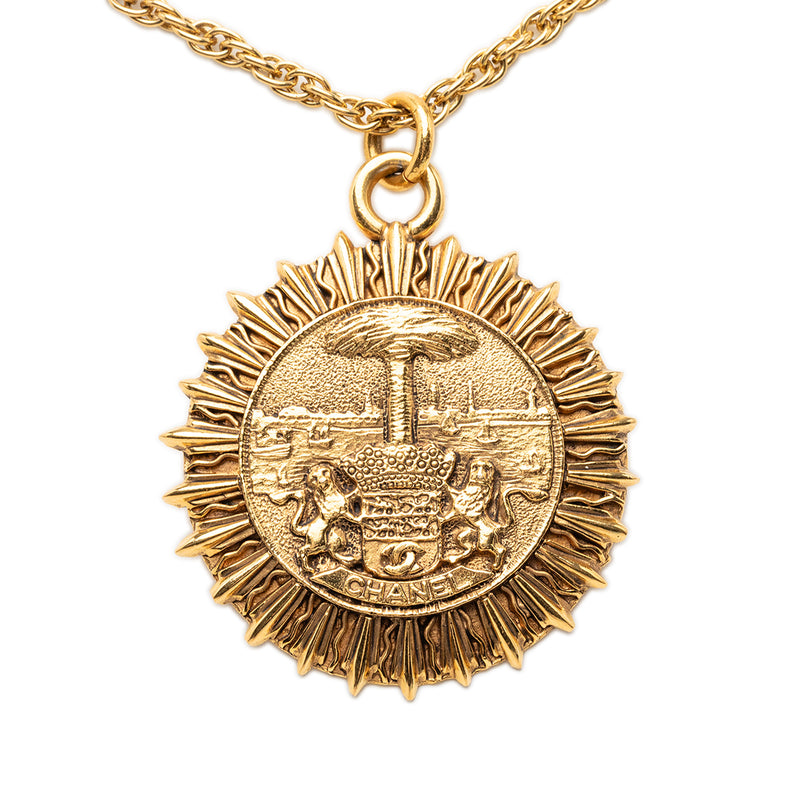 Gold Plated Medallion Coat of Arms Sunburst Pendant Necklace - Image 2