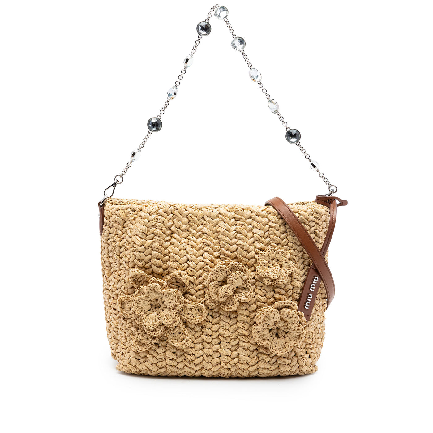 Raffia Floral Applique Crystal Chain Satchel - Image 1