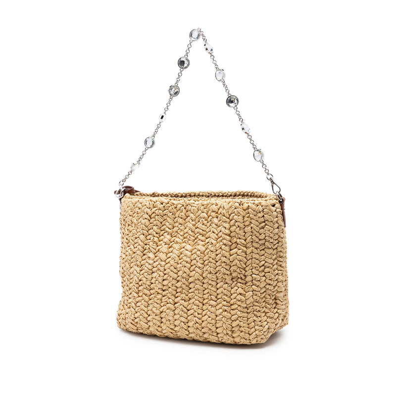 Raffia Floral Applique Crystal Chain Satchel - Image 2