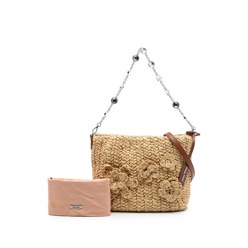 Raffia Floral Applique Crystal Chain Satchel - Image 7