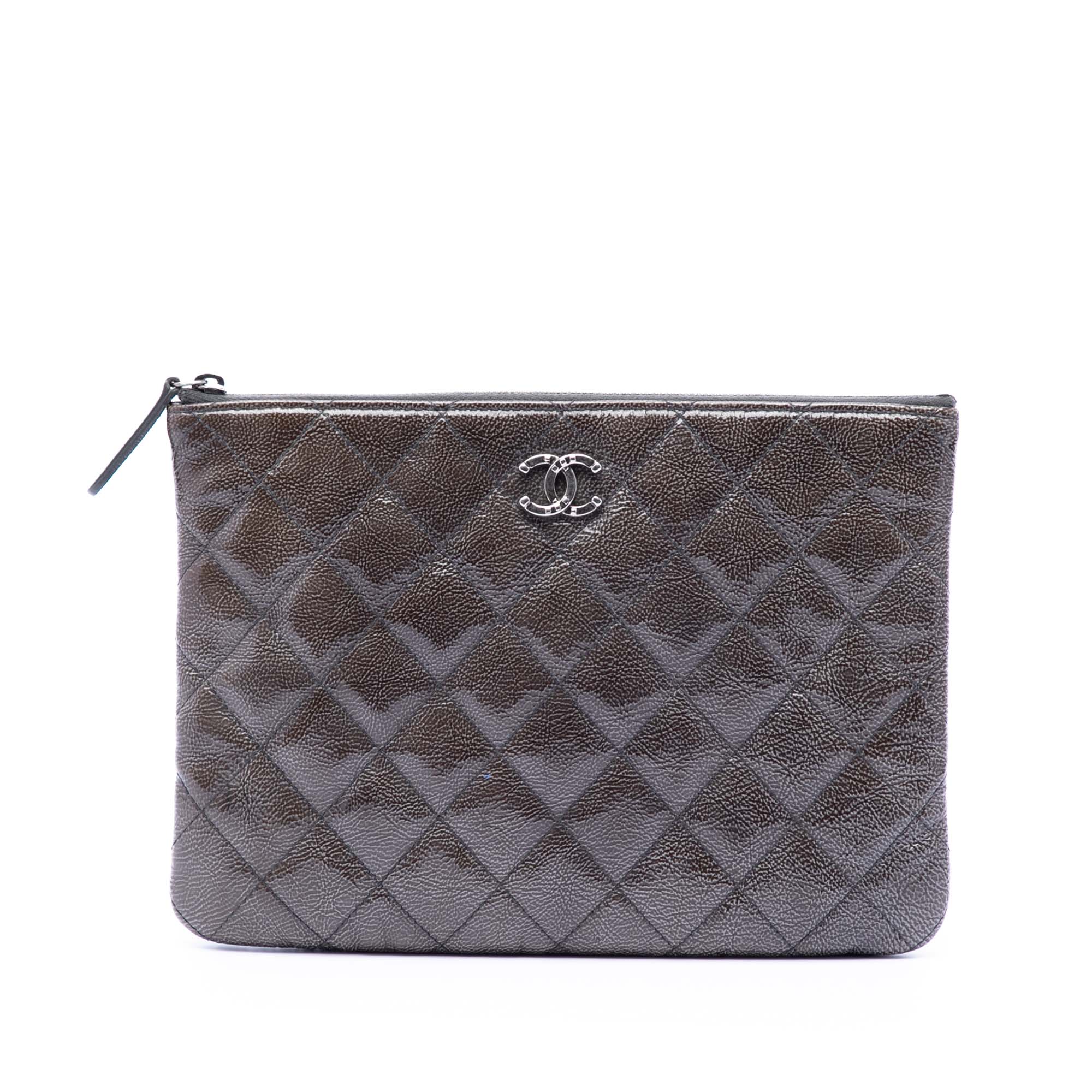Small Quilted Crinkled Patent O Case Clutch - Image 1