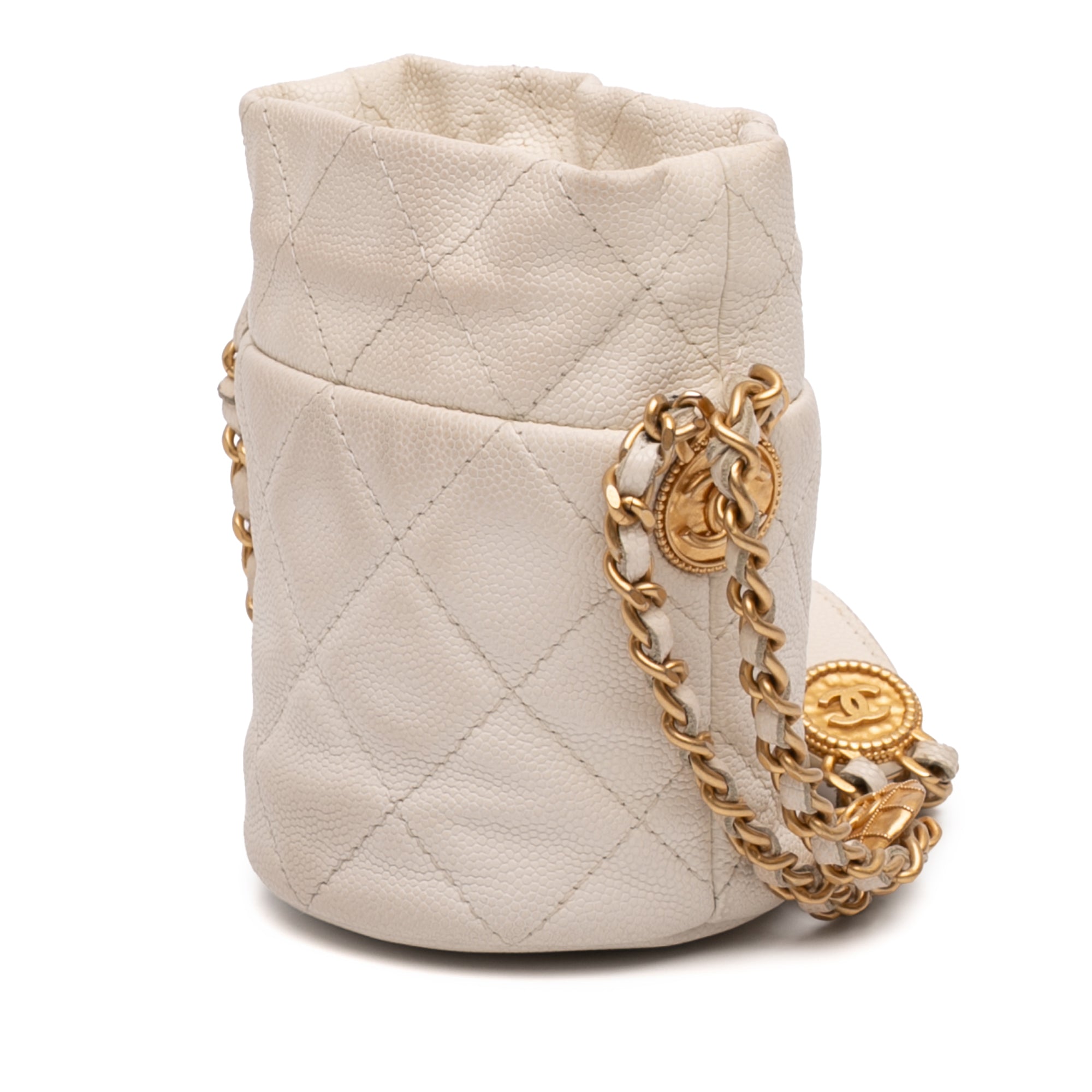 Mini Quilted Caviar Twist Your Buttons Drawstring Bucket Bag - Image 2