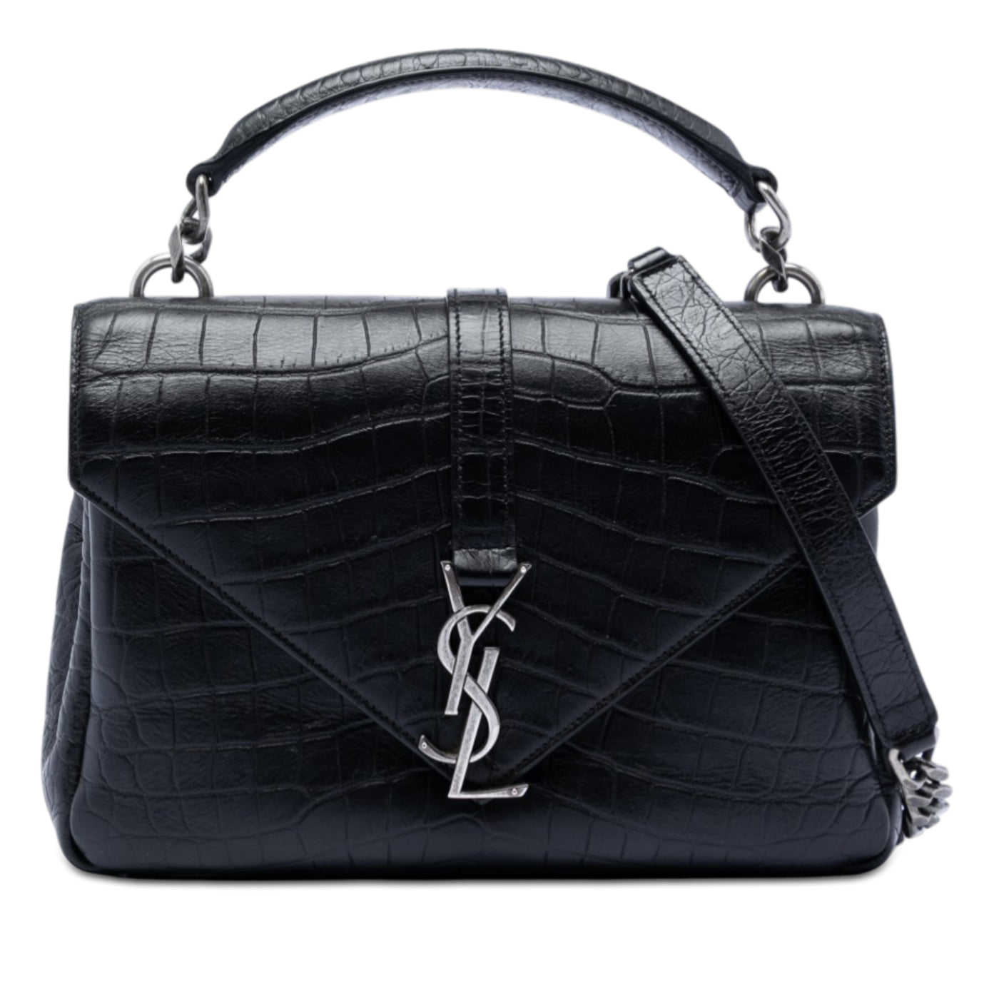 Medium Croc Embossed Leather College Satchel - Image 1
