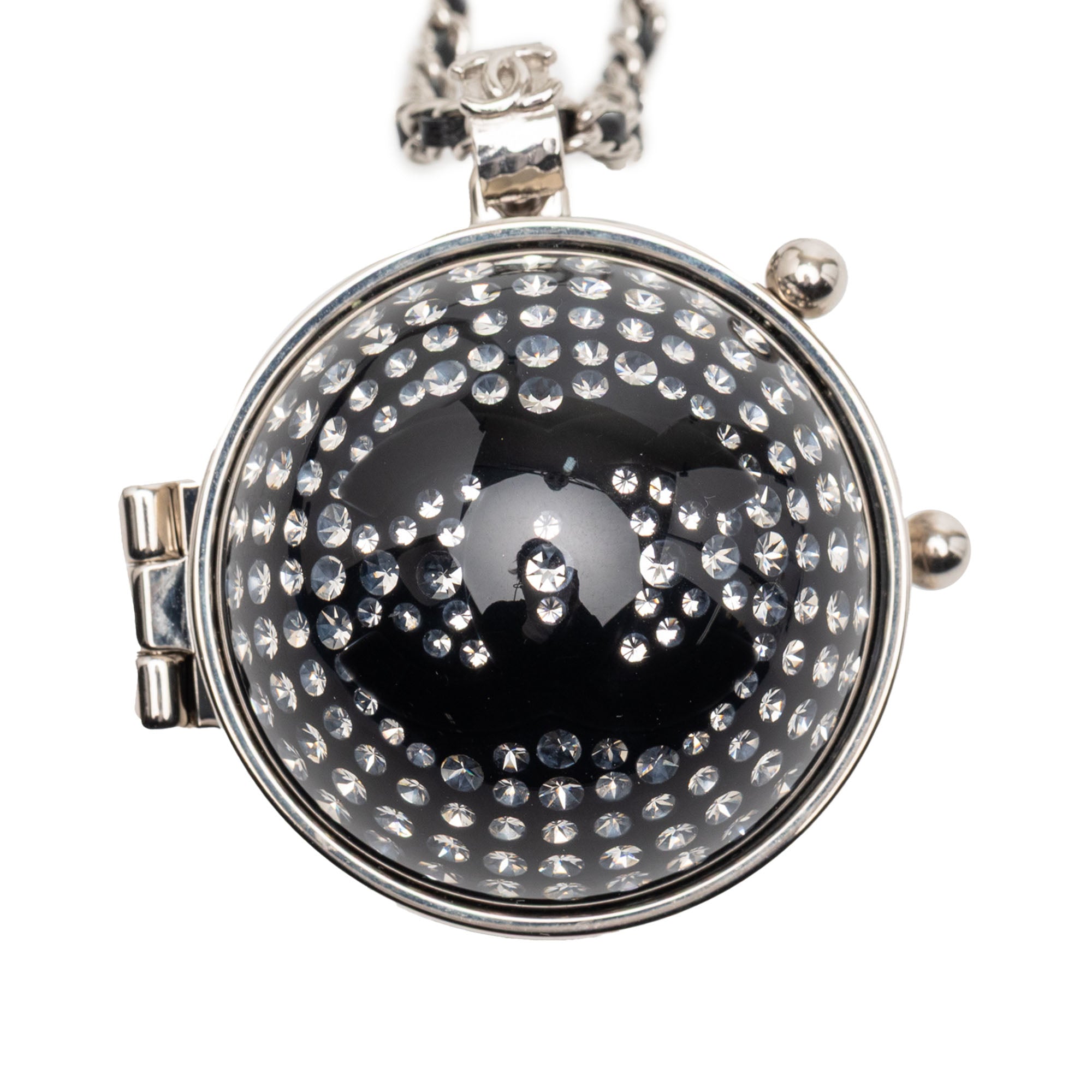 CC Silver Plated Lambskin Woven Resin Crystal Mirror Ball Pendant Necklace - Image 1