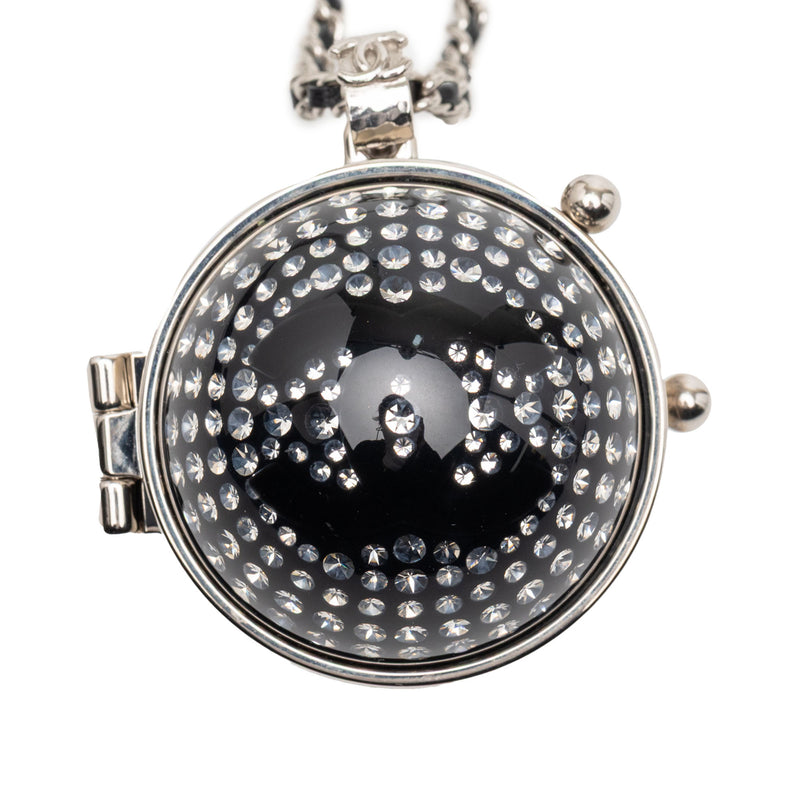 CC Silver Plated Lambskin Woven Resin Crystal Mirror Ball Pendant Necklace