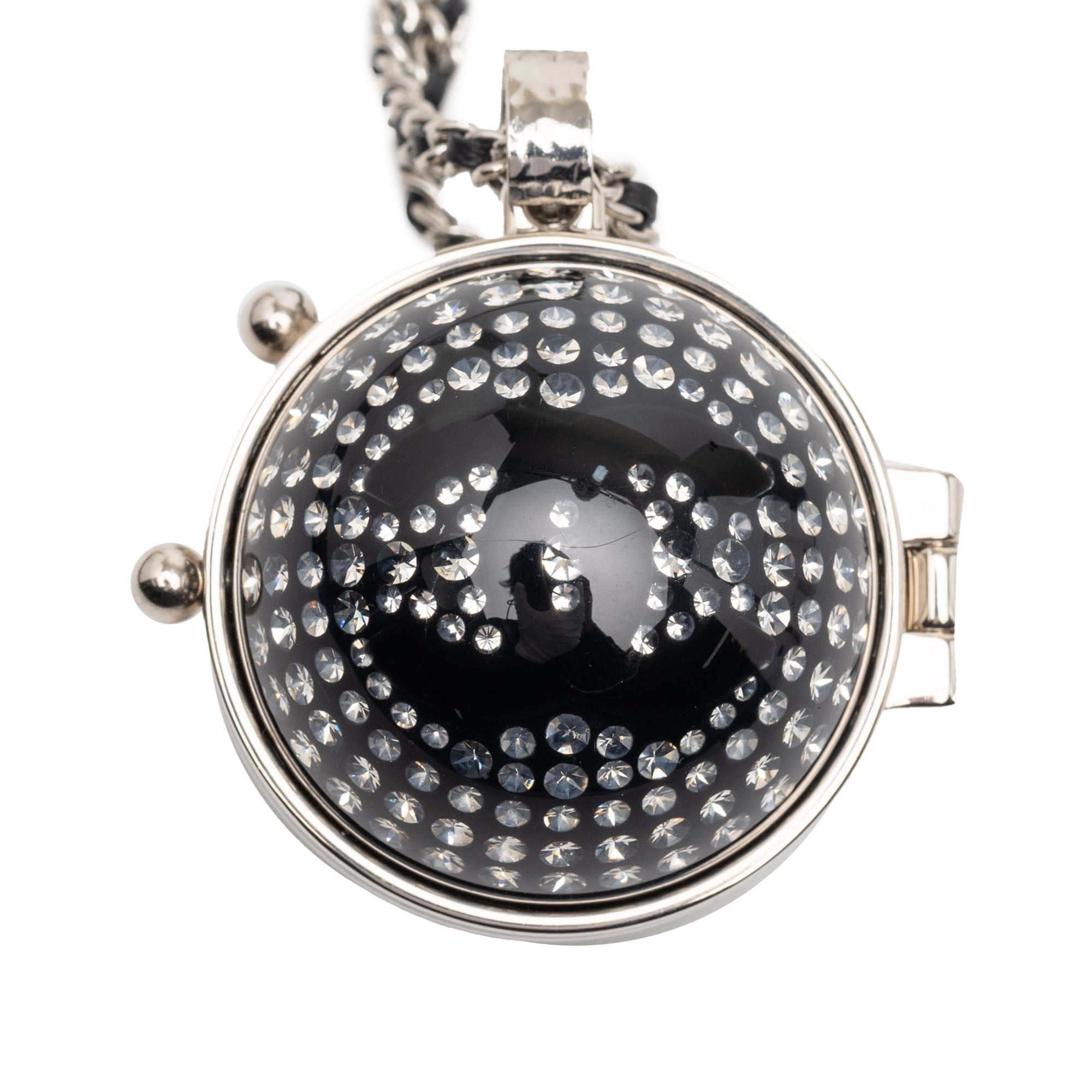 CC Silver Plated Lambskin Woven Resin Crystal Mirror Ball Pendant Necklace - Image 2