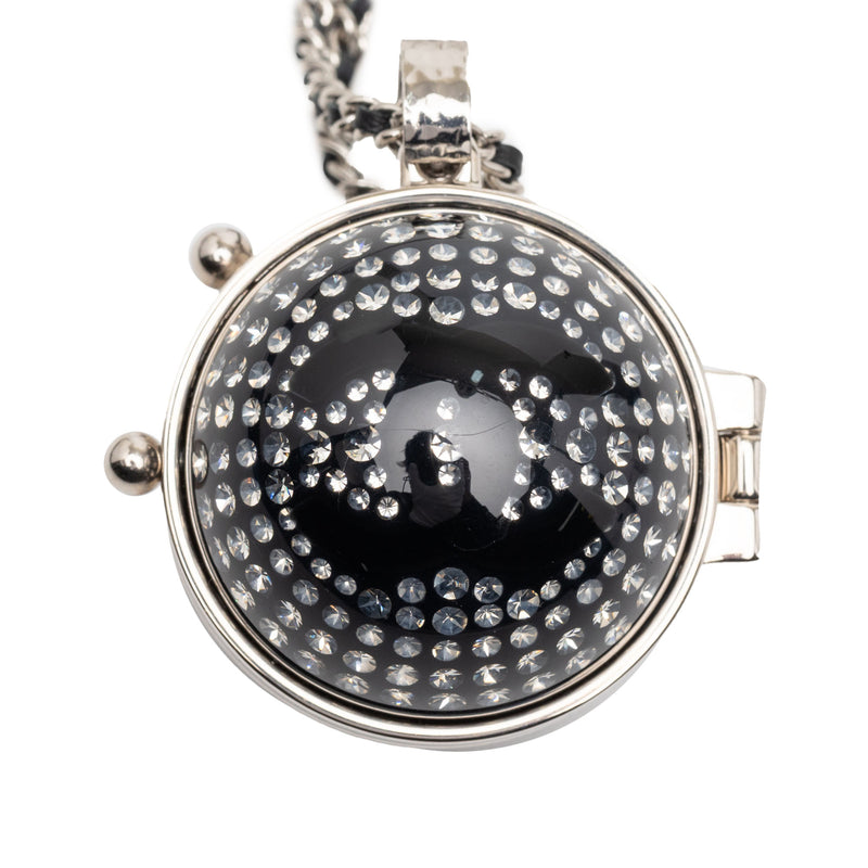 CC Silver Plated Lambskin Woven Resin Crystal Mirror Ball Pendant Necklace - Image 2