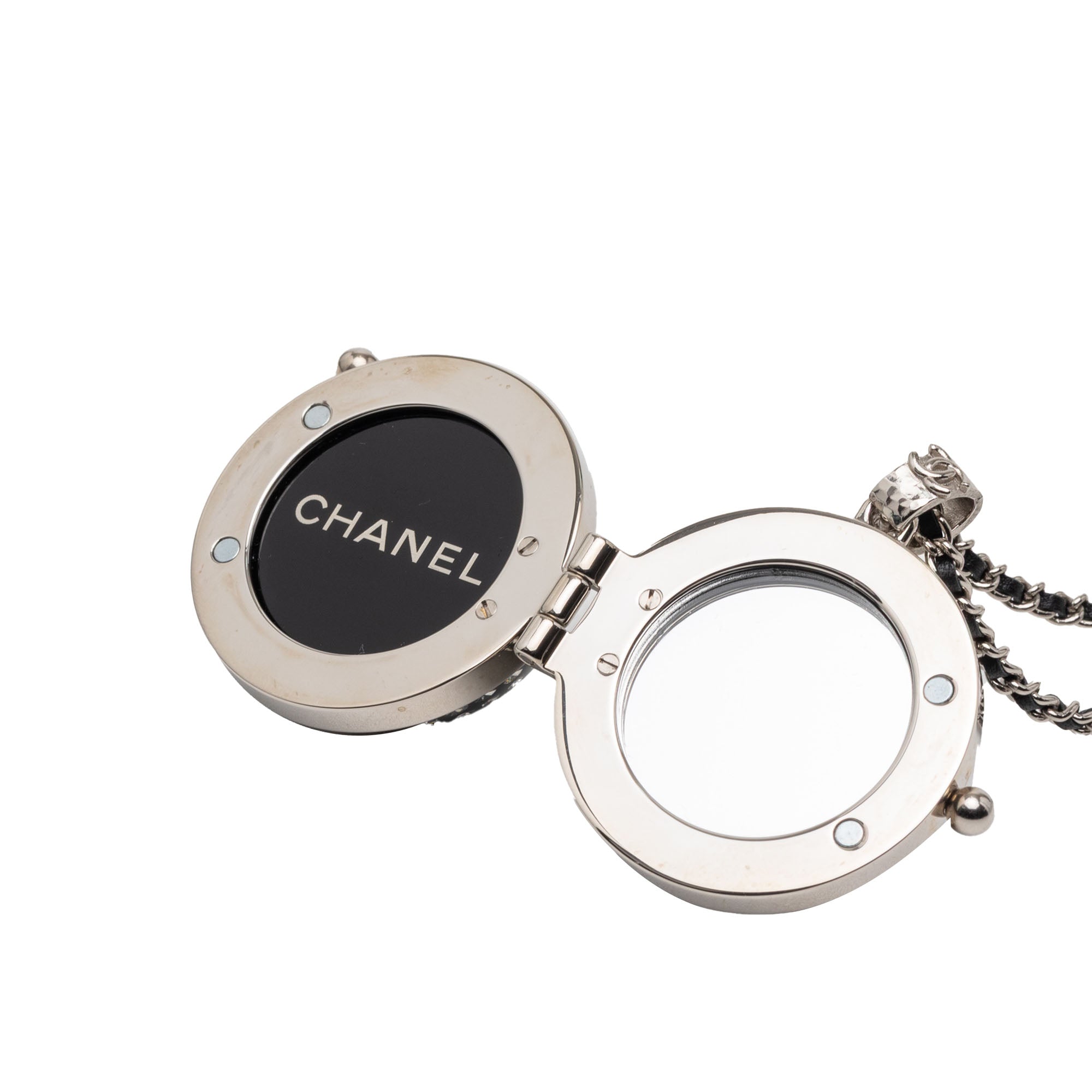 CC Silver Plated Lambskin Woven Resin Crystal Mirror Ball Pendant Necklace - Image 3