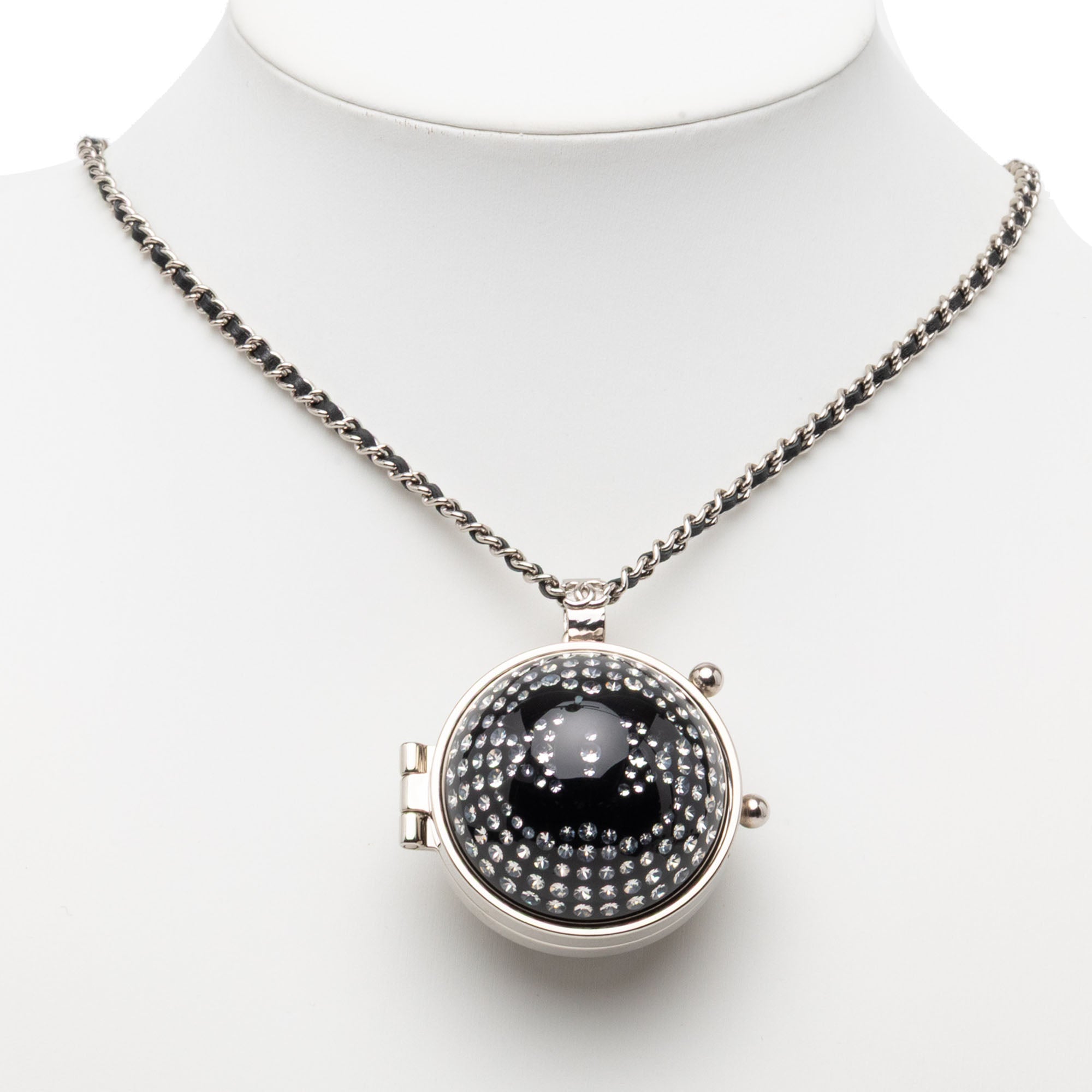 CC Silver Plated Lambskin Woven Resin Crystal Mirror Ball Pendant Necklace - Image 6
