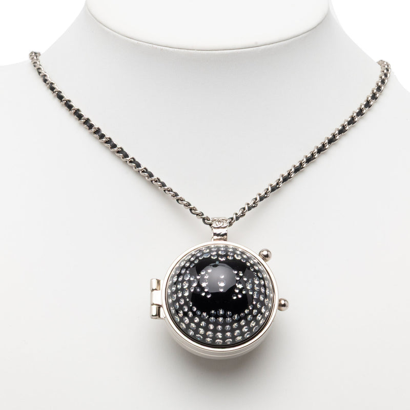 CC Silver Plated Lambskin Woven Resin Crystal Mirror Ball Pendant Necklace - Image 6