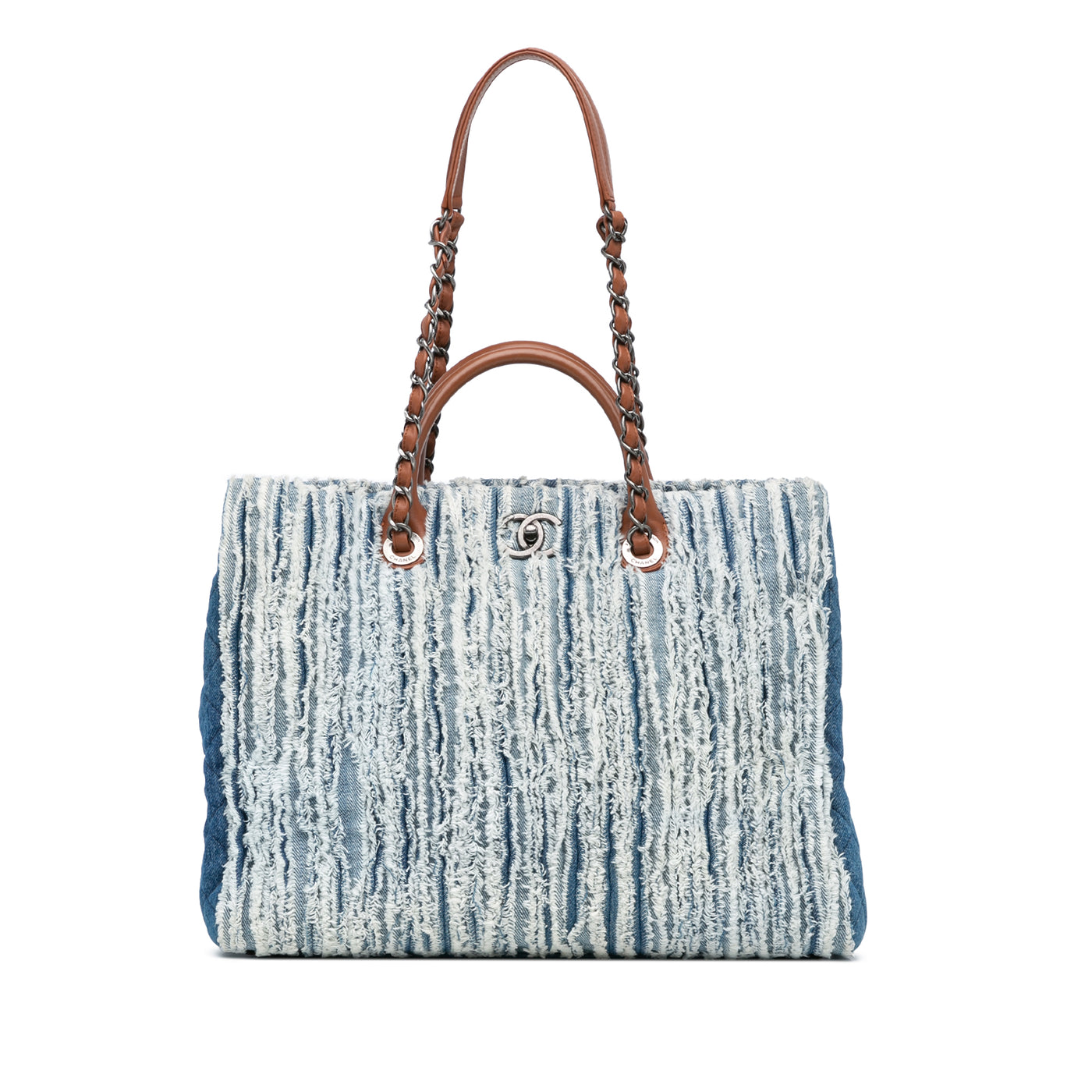 Large Fringed Denim Shopping Tote - Image 1