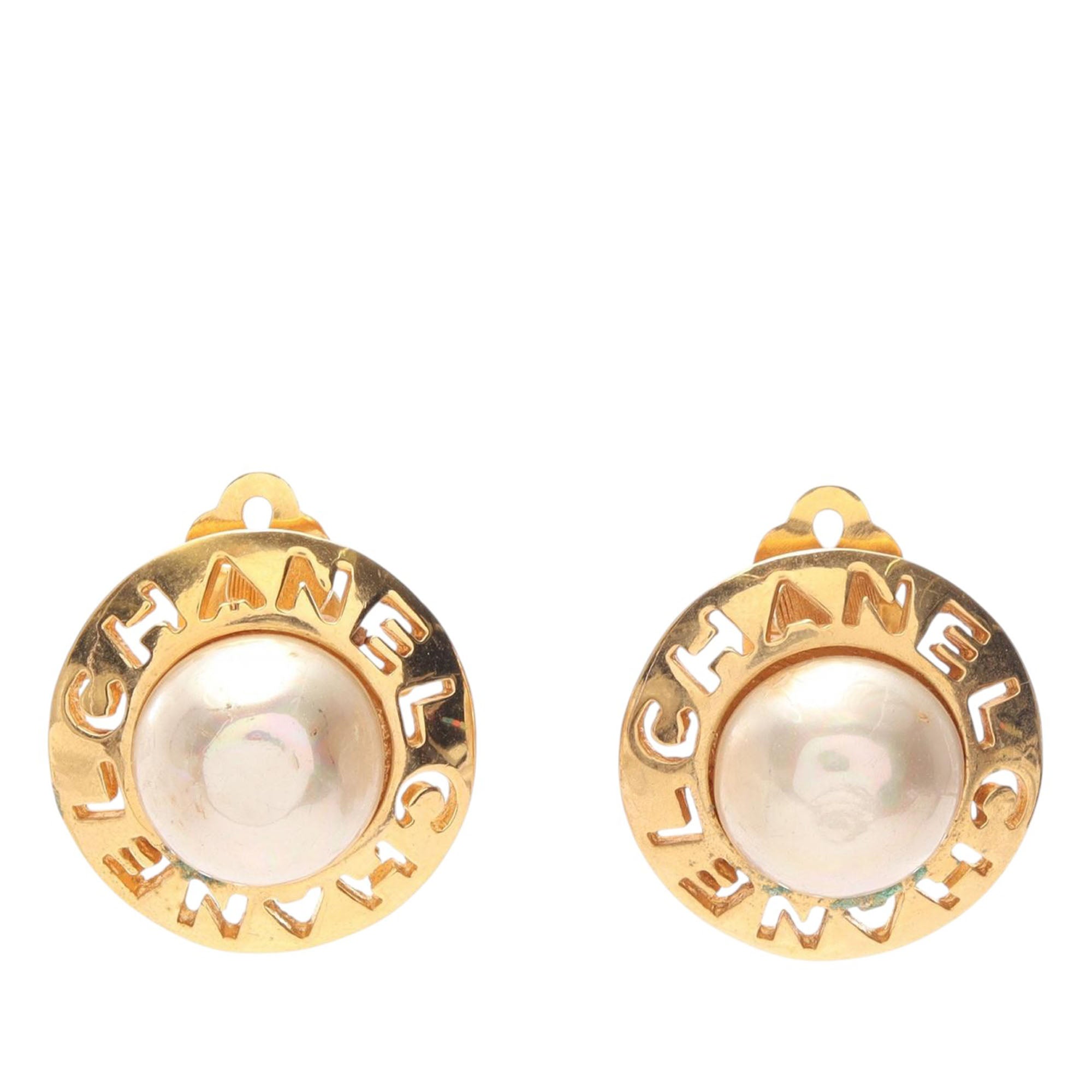 Gold Plated Faux Pearl Logo Clip On Earrings - Image 1