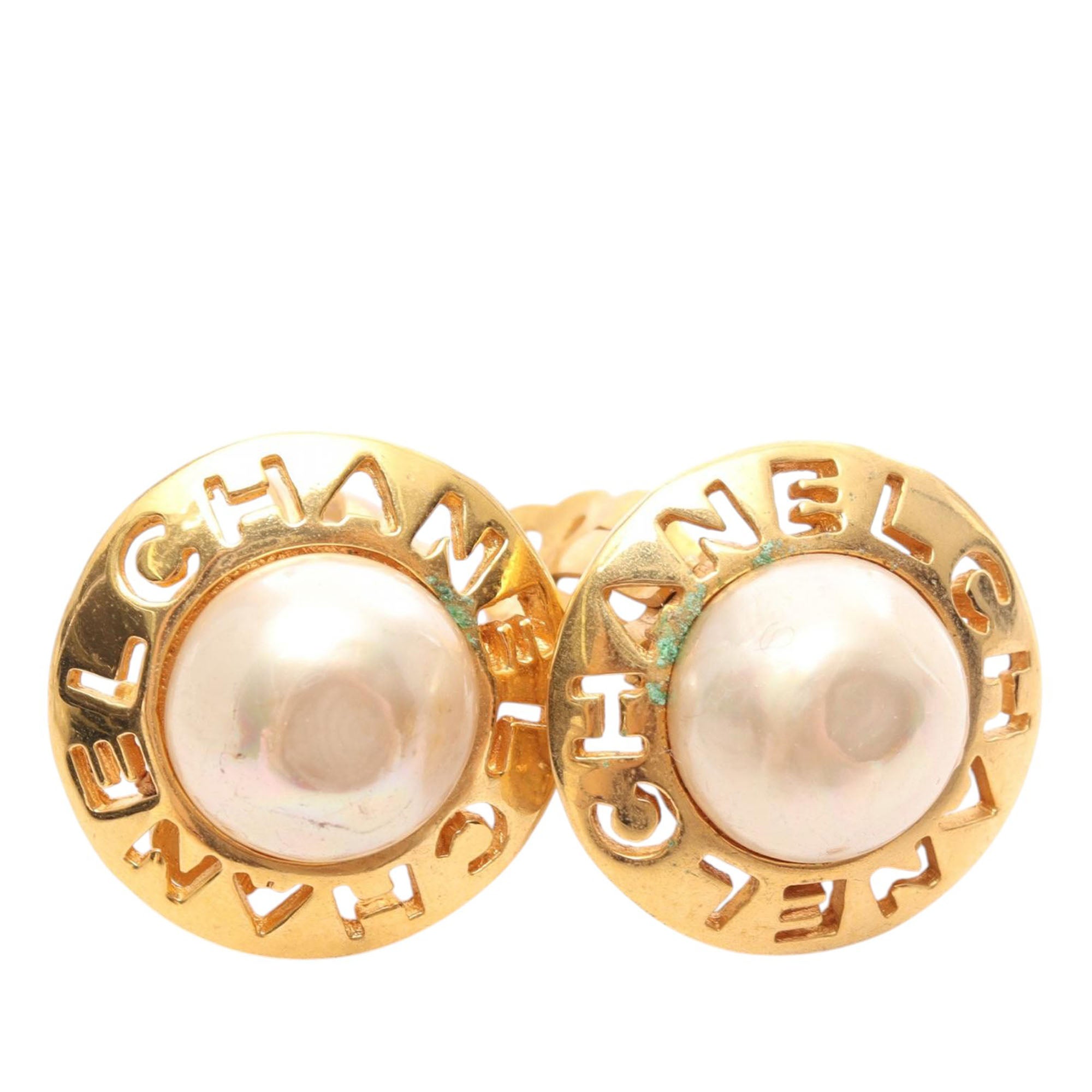 Gold Plated Faux Pearl Logo Clip On Earrings - Image 4
