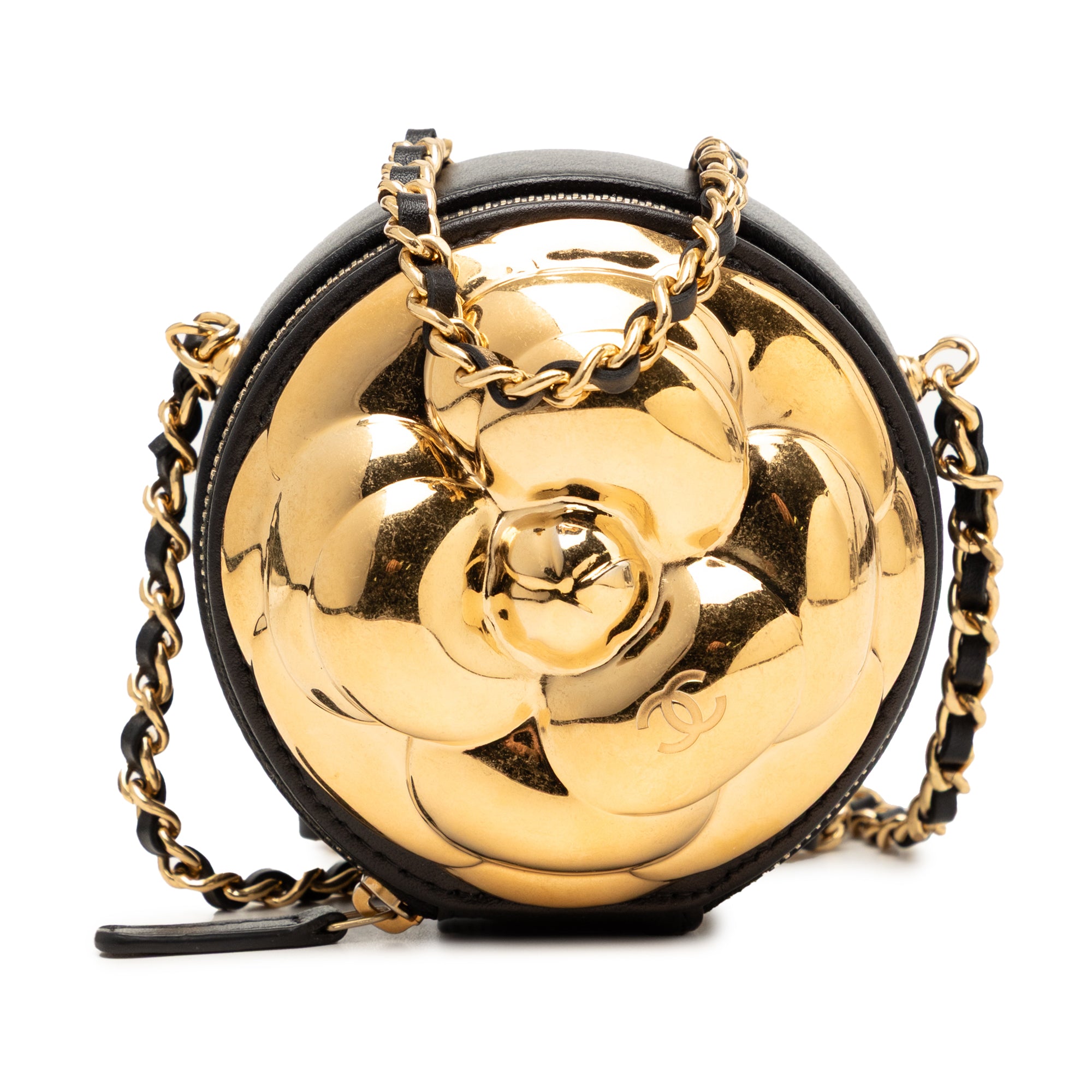 CC Lambskin and Metal Camellia Round Clutch with Chain - Image 1