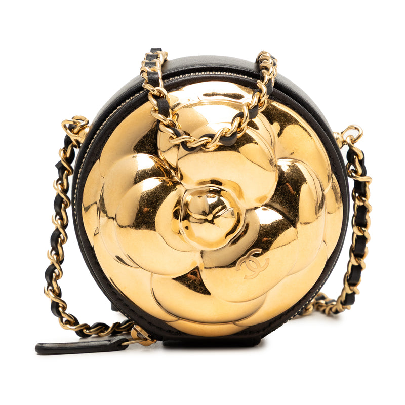 CC Lambskin and Metal Camellia Round Clutch with Chain