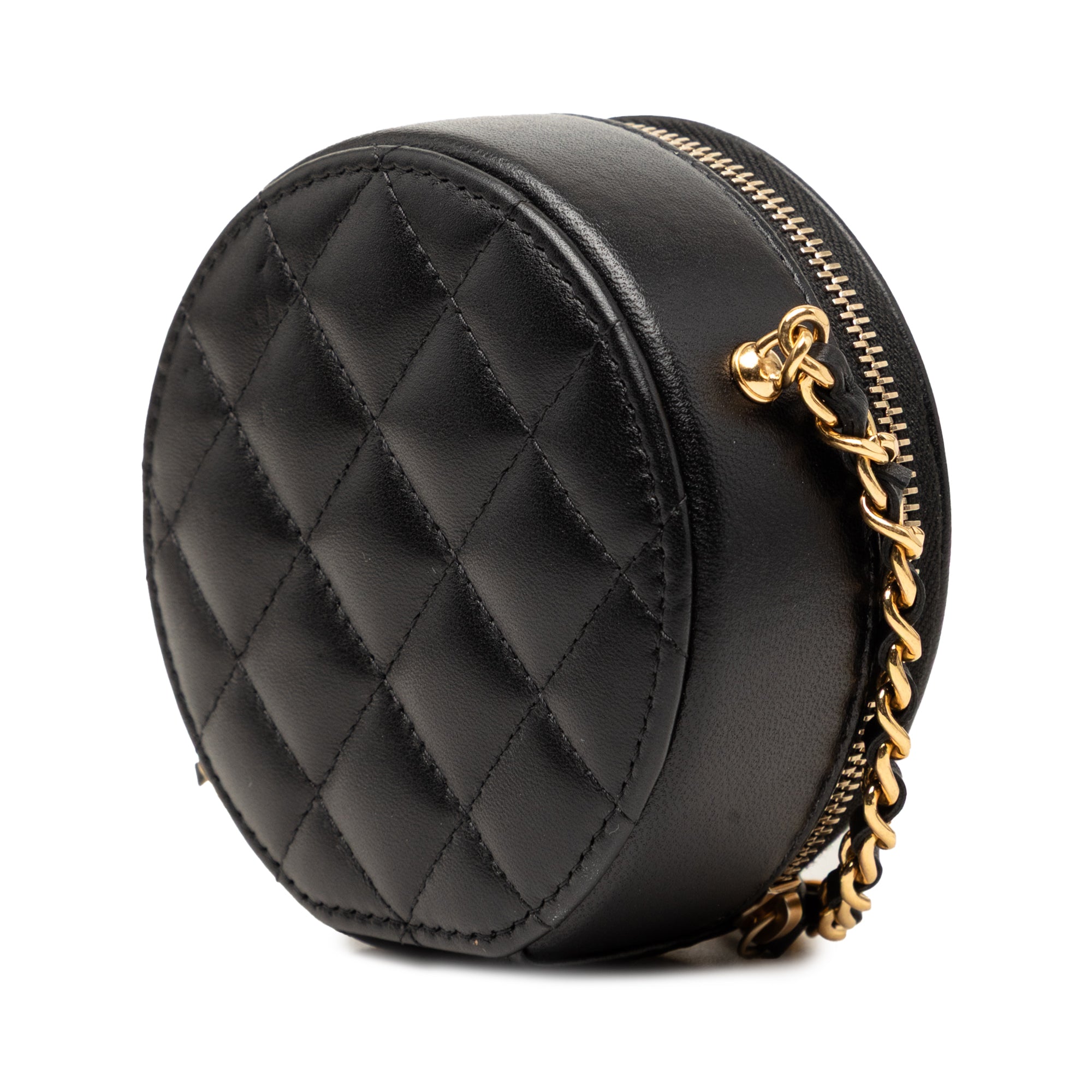 CC Lambskin and Metal Camellia Round Clutch with Chain - Image 2