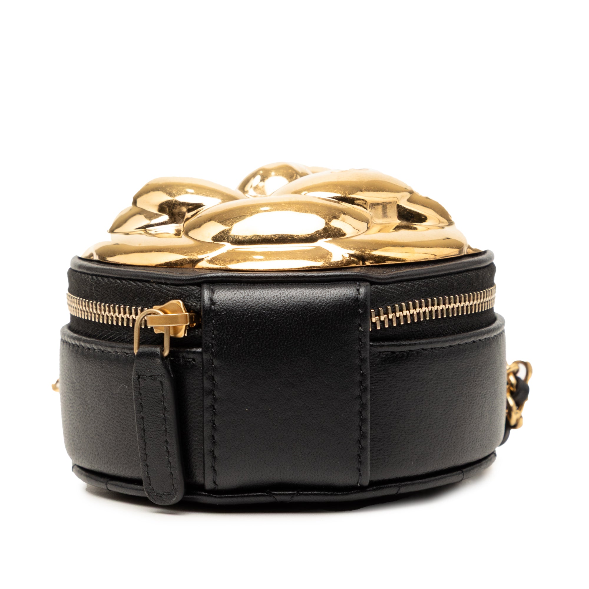 CC Lambskin and Metal Camellia Round Clutch with Chain - Image 3