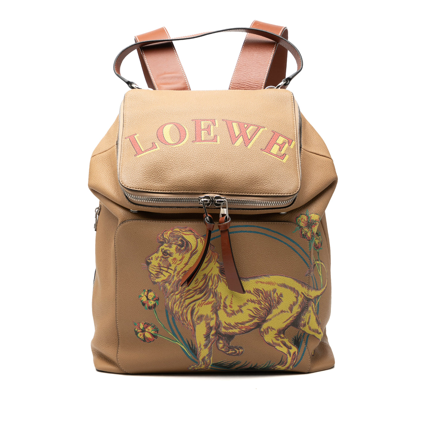 Paulas Ibiza Large Leather Lion and Floral Print Goya Backpack - Image 1