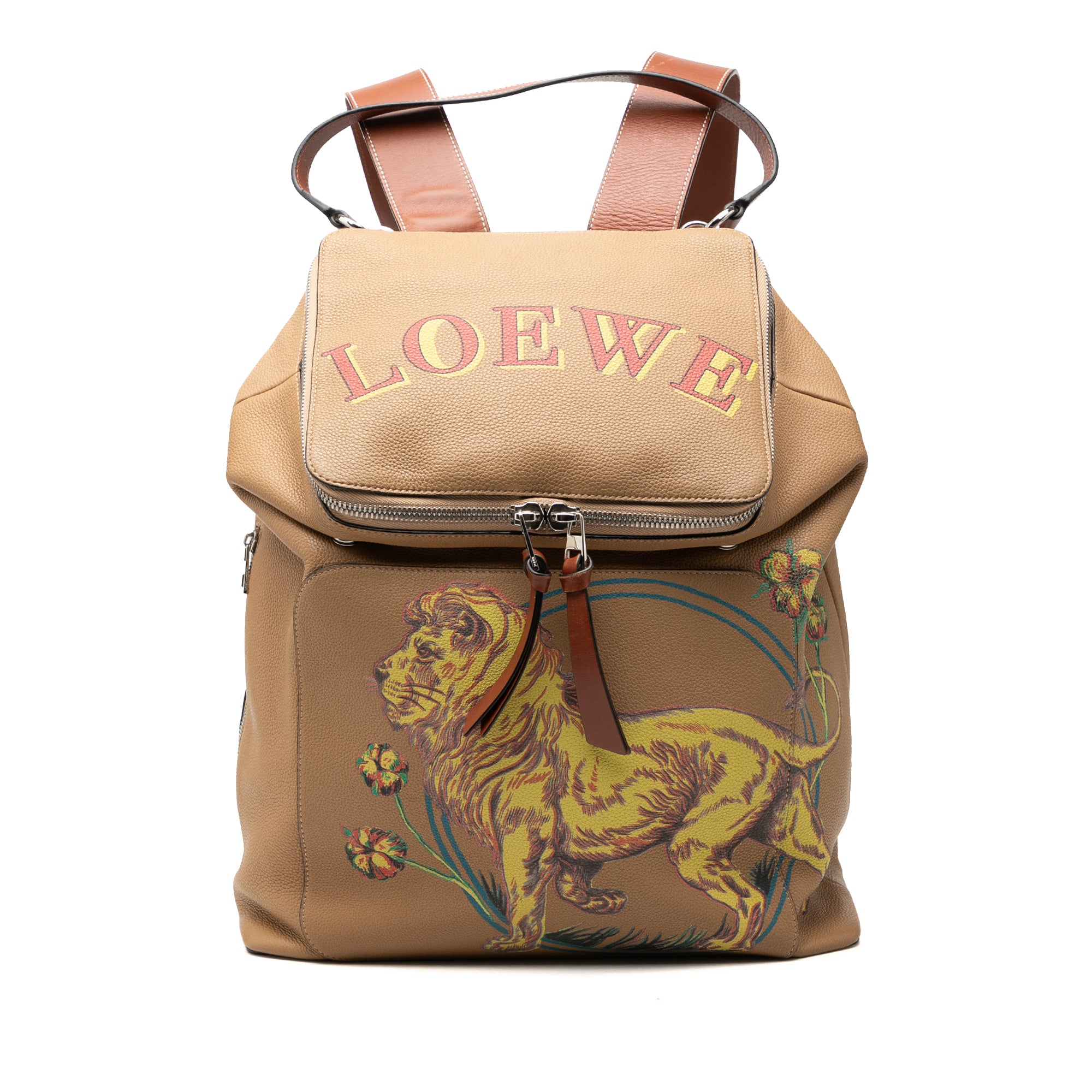 Paulas Ibiza Large Leather Lion and Floral Print Goya Backpack - Image 1