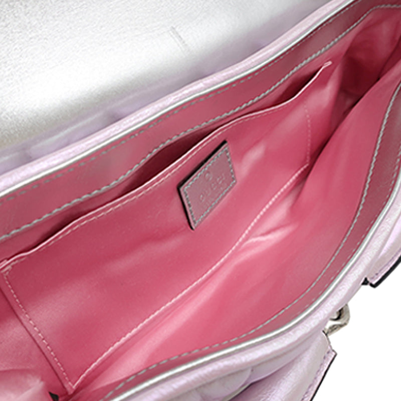 Small Iridescent Calfskin Horsebit Chain Satchel - Image 4