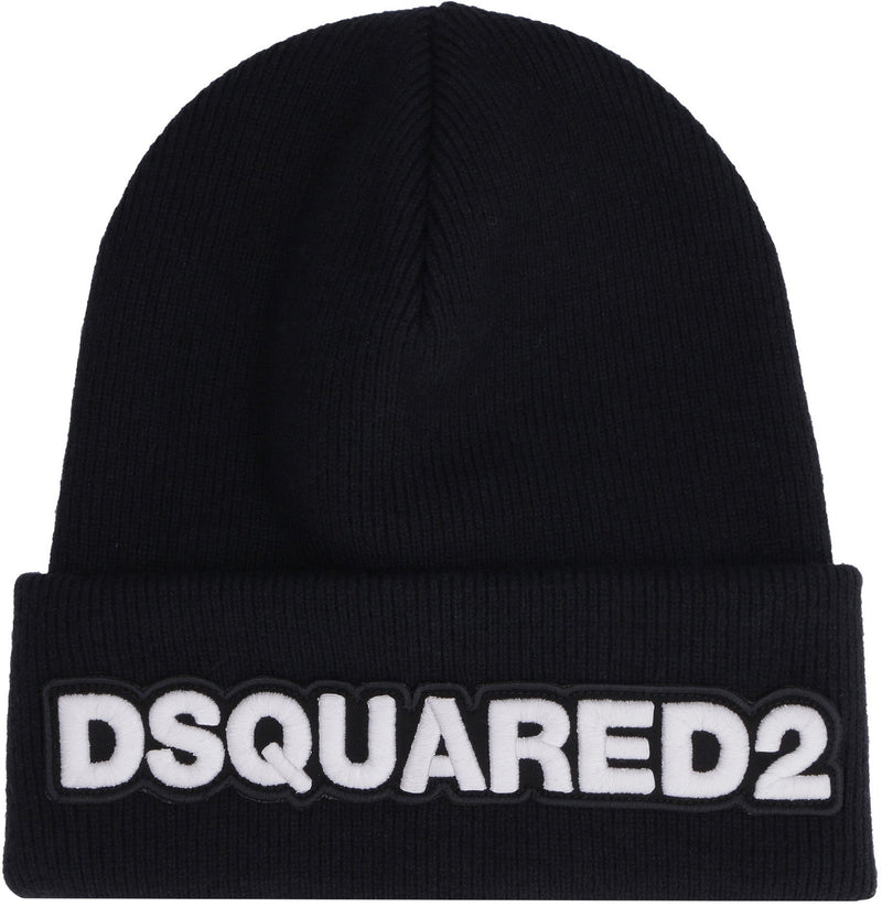 Dsquared2 Knm0001 Logo-Embroidered Ribbed Wool Beanie — Black Beanies