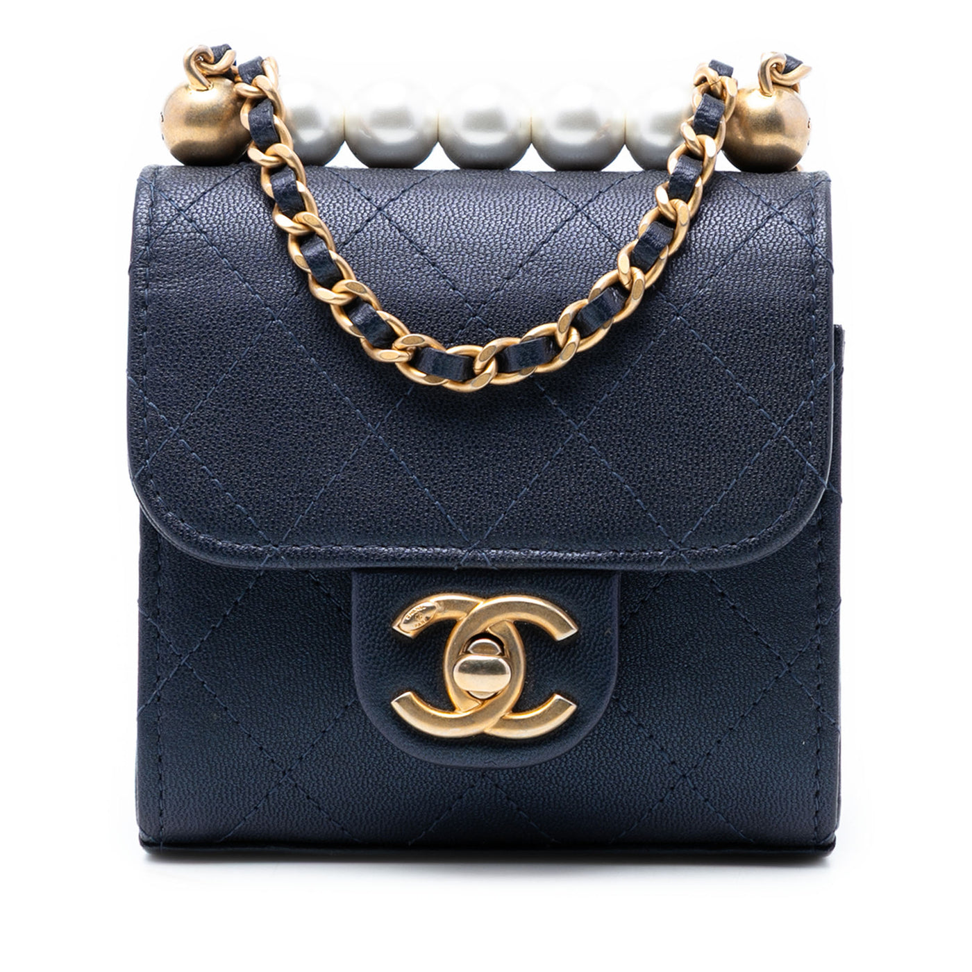Mini Quilted Goatskin Vertical Chic Pearls Flap Clutch With Chain - Image 1