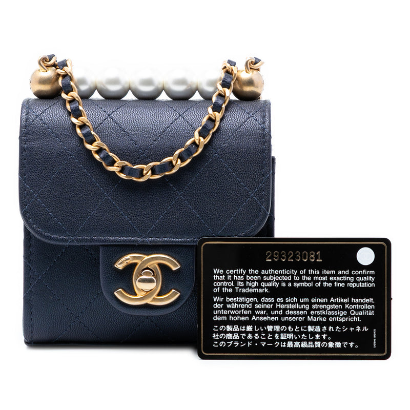 Mini Quilted Goatskin Vertical Chic Pearls Flap Clutch With Chain - Image 8
